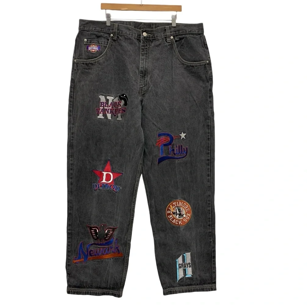 Negro League Baggy Fit Baseball Jeans 44 x 34 Embroidered Patches Black Grey * - Picture 1 of 14